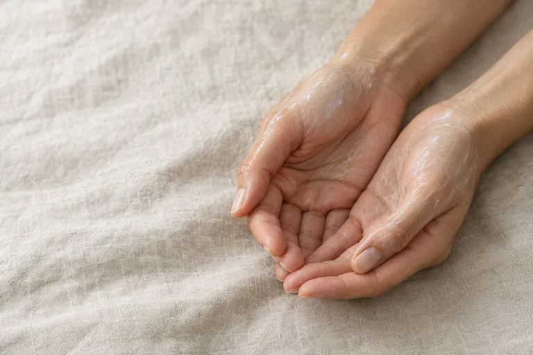 Twee handen met een dun laagje net aangebrachte crème, rustend op linnen