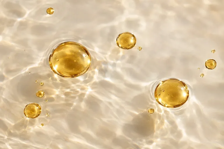 Gouden druppels parfumolie die op helder water drijven, van dichtbij
