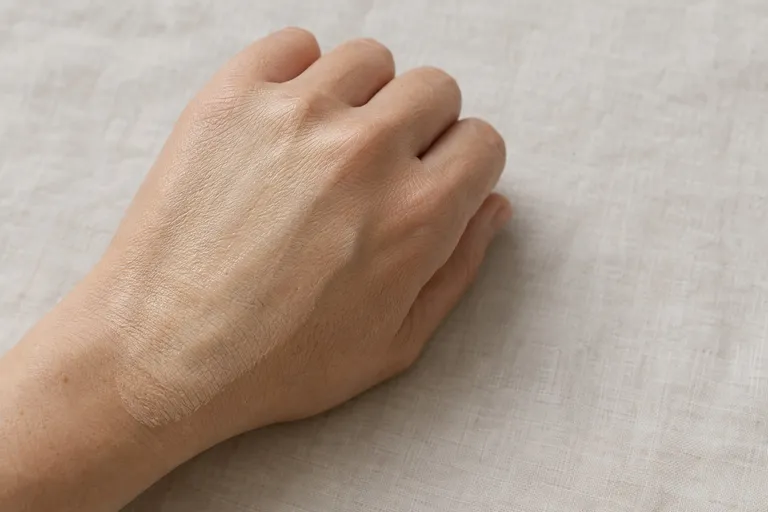 De rug van een hand met een dun, doorschijnend laagje getinte crème, waar de huid nog doorheen schemert