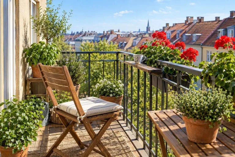 Een klein stadsbalkon in de lentezon, met geraniums, kruiden in potten, een houten klapstoel en daken erachter