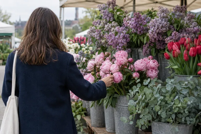 Iemand in een blauwe jas, van achteren gezien, kiest bloemen bij een marktkraam met pioenen, sering en tulpen