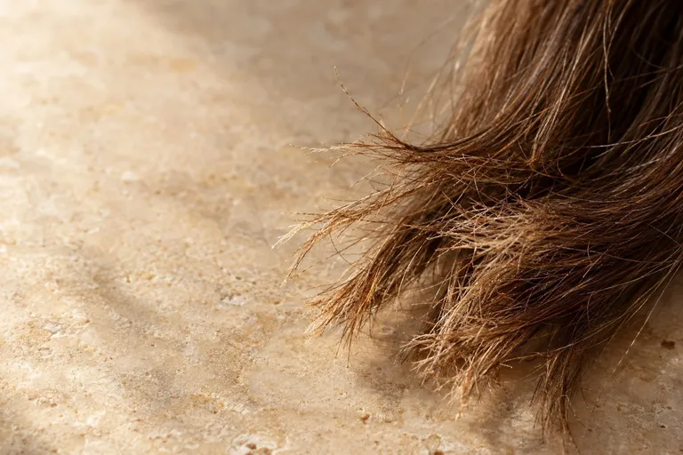 Droge, pluizige punten van een lok bruin haar van dichtbij, op warme lichte steen