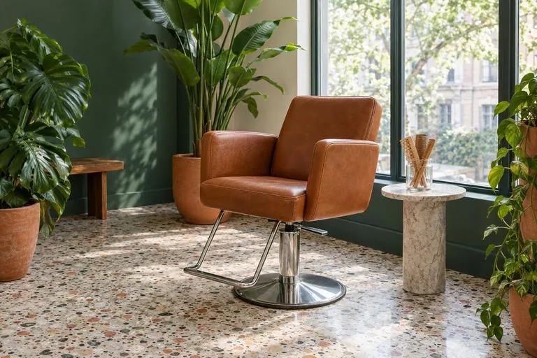 Een lege kapperstoel van cognacleer bij een hoog raam, met grote planten, een terrazzovloer en een pot houten kammen