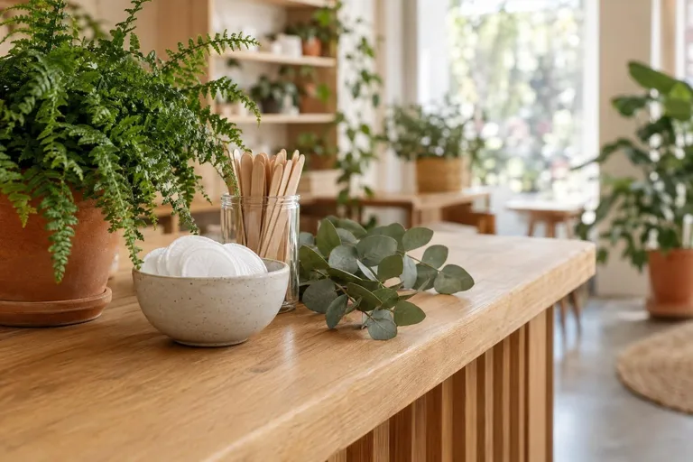 Een eikenhouten toonbank in een lichte winkel met een schaaltje wattenschijfjes, houten spateltjes, een varen en eucalyptus