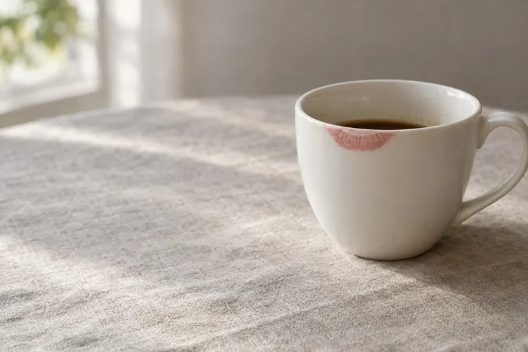 Een witte koffiekop op linnen, met een zachte rozerode lipafdruk op de rand