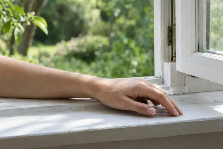 Een onderarm en hand op de vensterbank van een open raam, met een groene tuin buiten