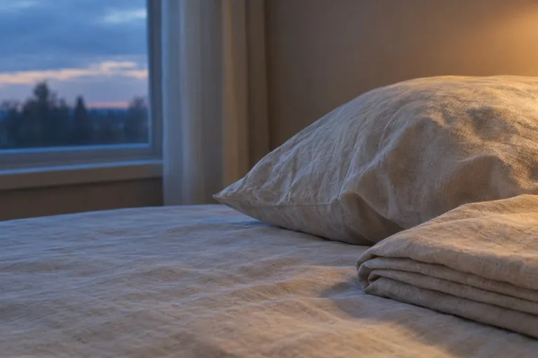 Een linnen kussen en opgevouwen laken op bed bij het raam, in blauw avondlicht en warm lamplicht