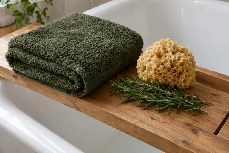 Een olijfgroene handdoek, een natuurspons en rozemarijn op een houten badplank over een wit bad