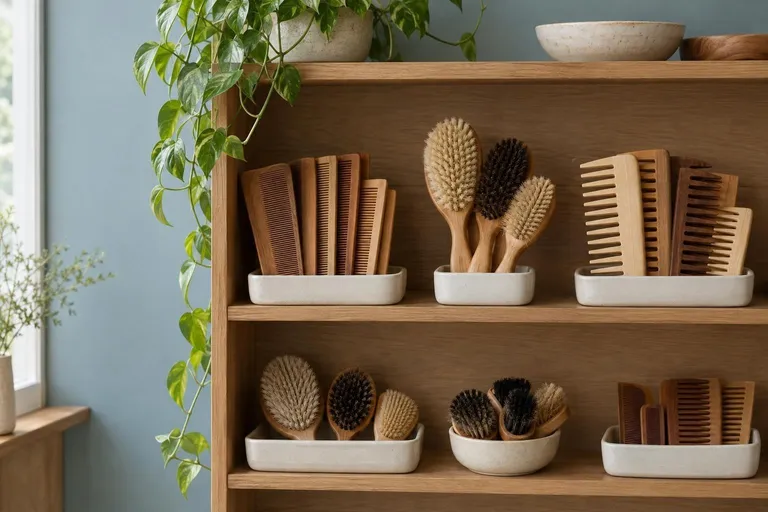 Een winkelplank met houten kammen en borstels in allerlei maten, in witte bakjes, met een hangplant