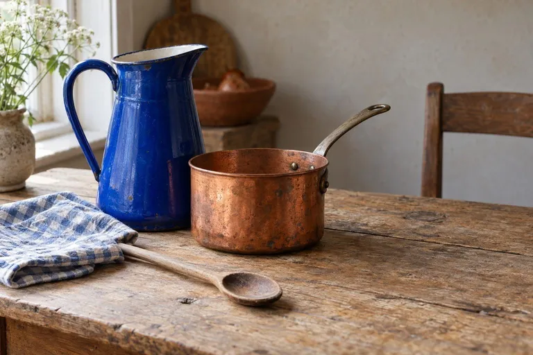 Een kobaltblauwe emaille kan naast een koperen steelpan op een oude houten keukentafel, met een blauw-wit geruite theedoek en een houten lepel.