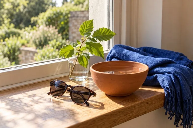 Een zonnige vensterbank met een terracotta kom water, een zonnebril, een blauwe sjaal en een takje beukenblad in een glas.