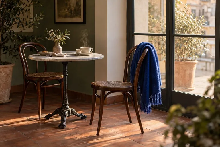 Cafétafeltje bij het raam, een stoel naar achteren geschoven, een blauwe sjaal over de leuning en dampende koffie