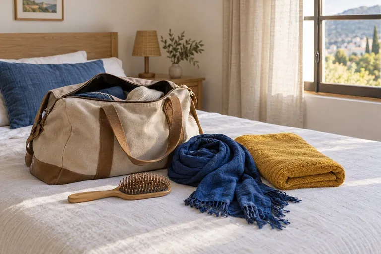 Een open weekendtas op een opgemaakt bed, met een houten haarborstel, een blauwe sjaal en een gele handdoek