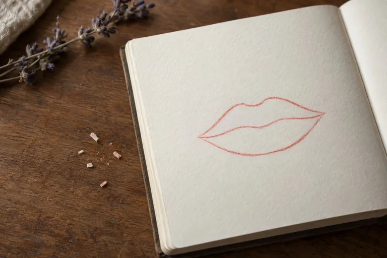 Een open schetsboek met een getekende omtrek van lippen in een fijne koraalrode lijn, met wat gedroogde lavendel ernaast