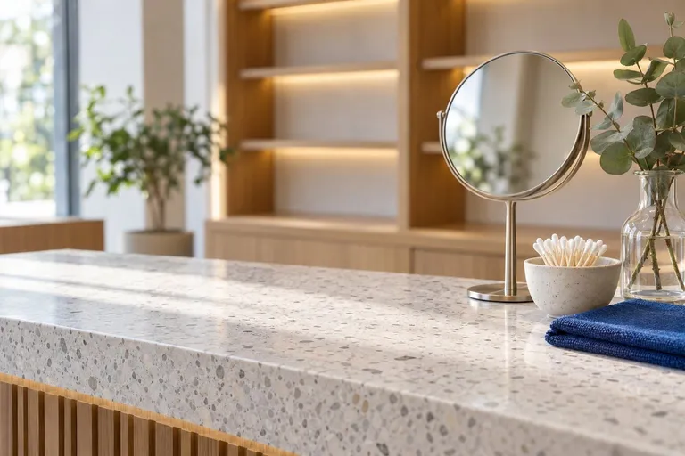 Een rustige toonbank van terrazzo met een ronde staande spiegel, een schaaltje wattenstaafjes, een blauwe doek en een vaas eucalyptus