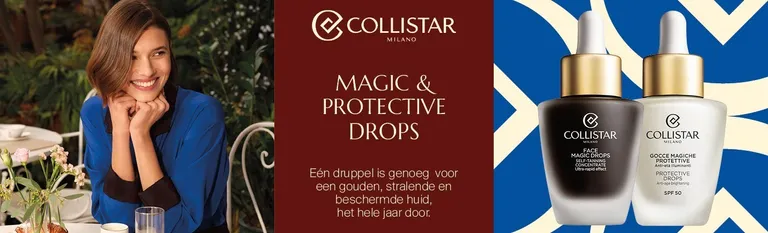 Collistar Magic & Protective Drops: vrouw aan een tafel naast twee serumflesjes met druppelaar