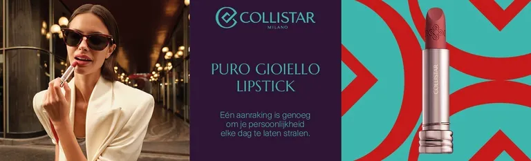 Collistar Puro Gioiello Lipstick: vrouw met zonnebril die lippenstift opdoet, naast een lippenstift in rozetint