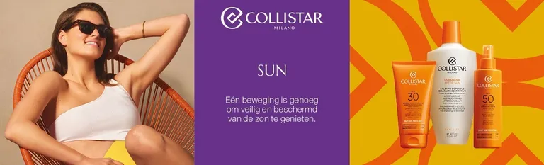 Collistar Sun: vrouw met zonnebril in een tuinstoel naast zonnebrandproducten met SPF 30 en SPF 50 en aftersun