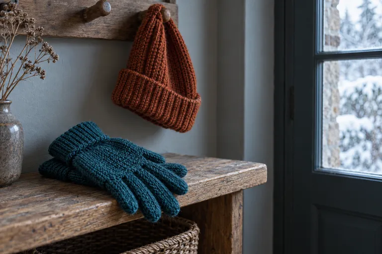 Teal gebreide handschoenen op een eiken halbankje, daarboven een roestoranje muts aan een houten haak, naast een raam met sneeuw