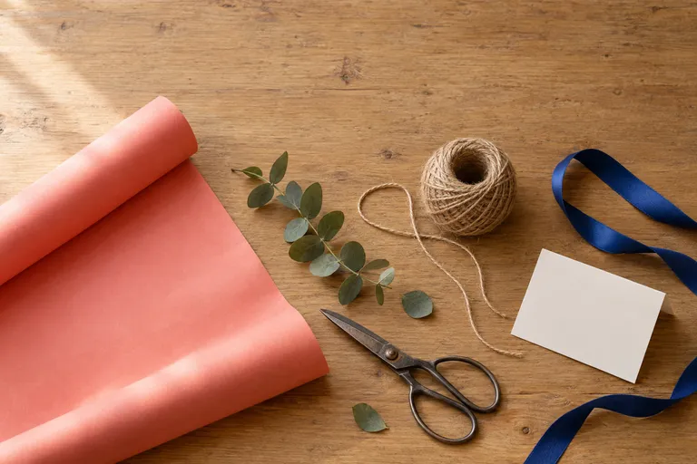 Houten tafel met een rol koraalroze inpakpapier, een takje eucalyptus, een kluwen touw, een oude schaar, blauw lint en een blanco kaartje