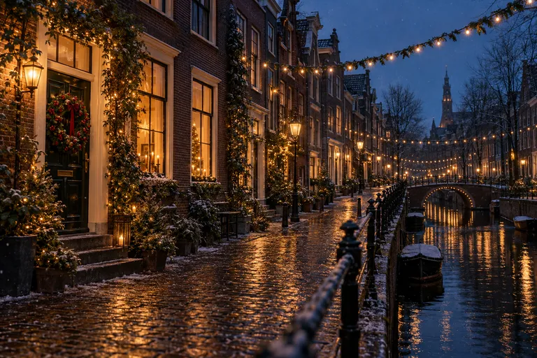Grachtstraat in de winterschemering met lichtslingers, verlichte ramen, een kerstkrans aan de deur en natte keien die het licht weerkaatsen