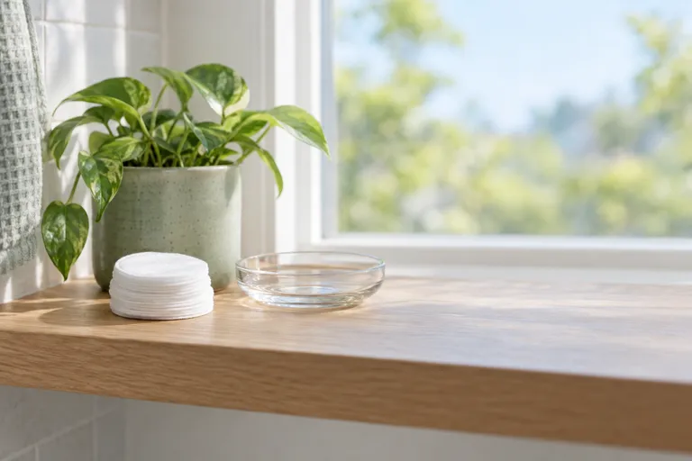 Een stapeltje wattenschijfjes en een leeg glazen schaaltje op een eiken plank bij het raam, met een plantje