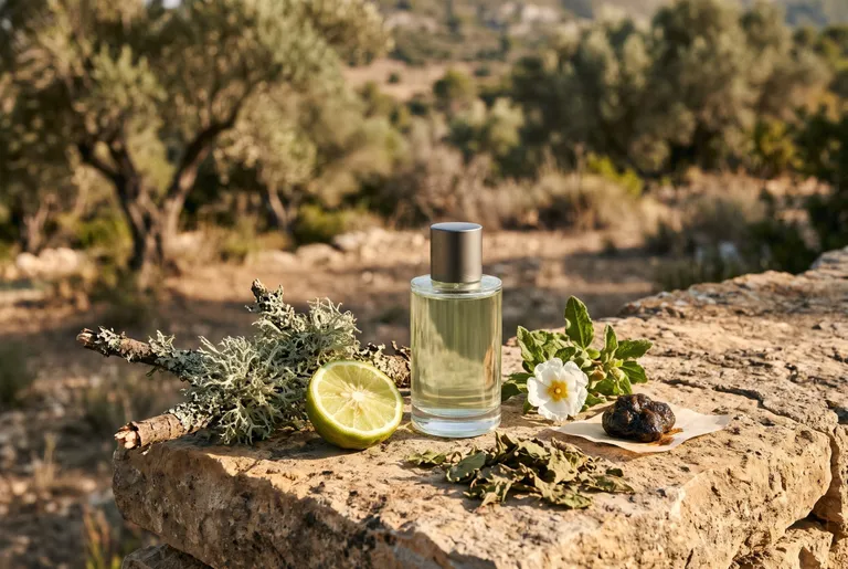Flacon zonder etiket op een stenen muur met halve bergamot, eikenmos, cistusbloem, labdanumhars en patchoeliblad