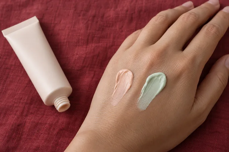 Twee vegen primer op de rug van een hand, een in perzik en een in lichtgroen, naast een open tube zonder etiket