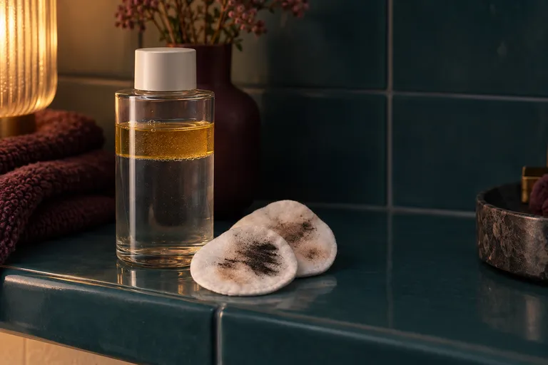 Een flesje tweefasige make-up remover zonder etiket, met een laag olie op water, naast twee wattenschijfjes met mascara