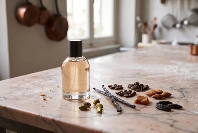 Flacon op een marmeren keukenblad, met vanillestokjes, koffie- en cacaobonen, amandelen, karamel, tonkabonen en pistache